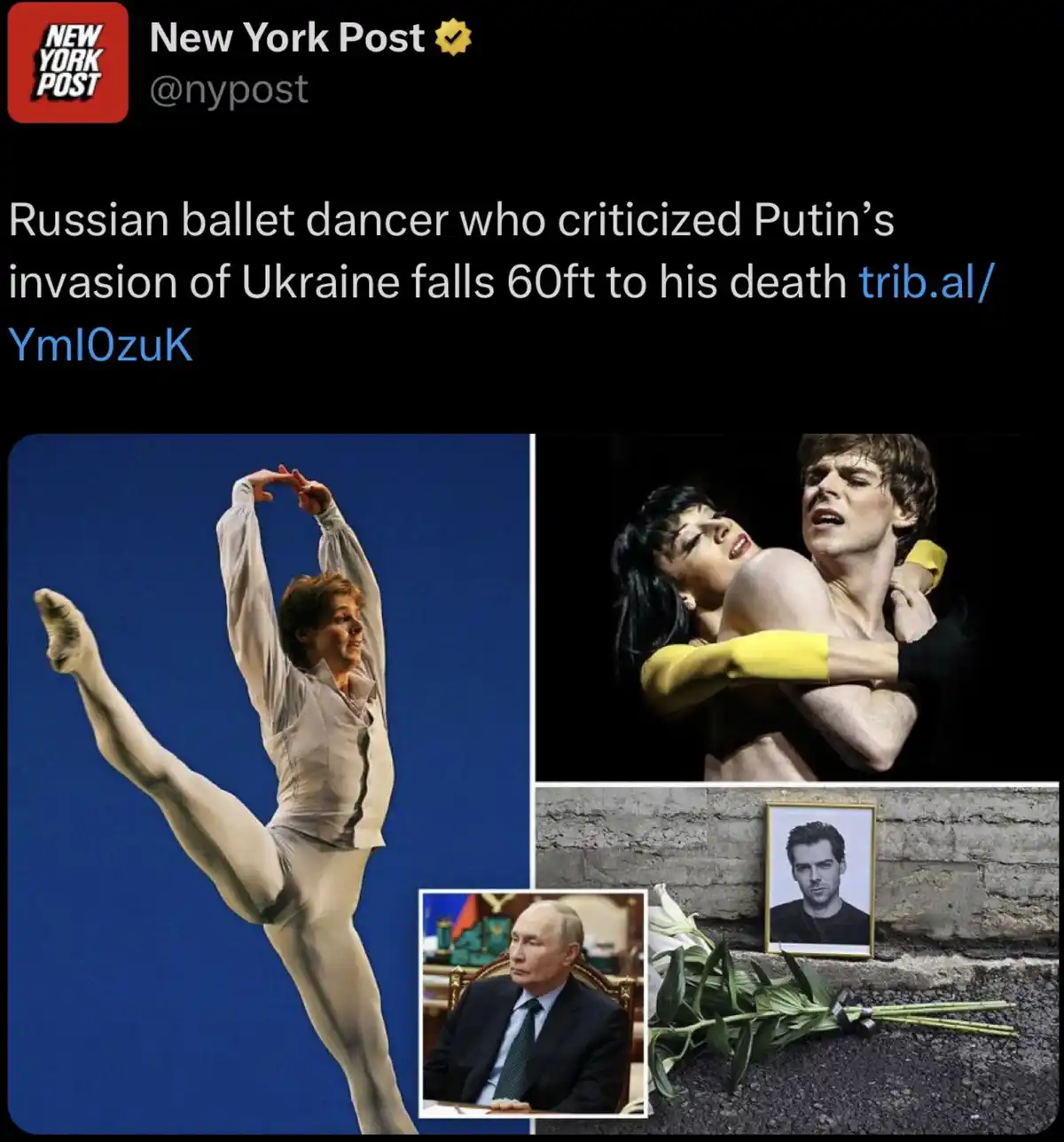 A collage shows a ballet dancer mid-leap, a dramatic dance pose, a portrait of Vladimir Putin, and a memorial with flowers…