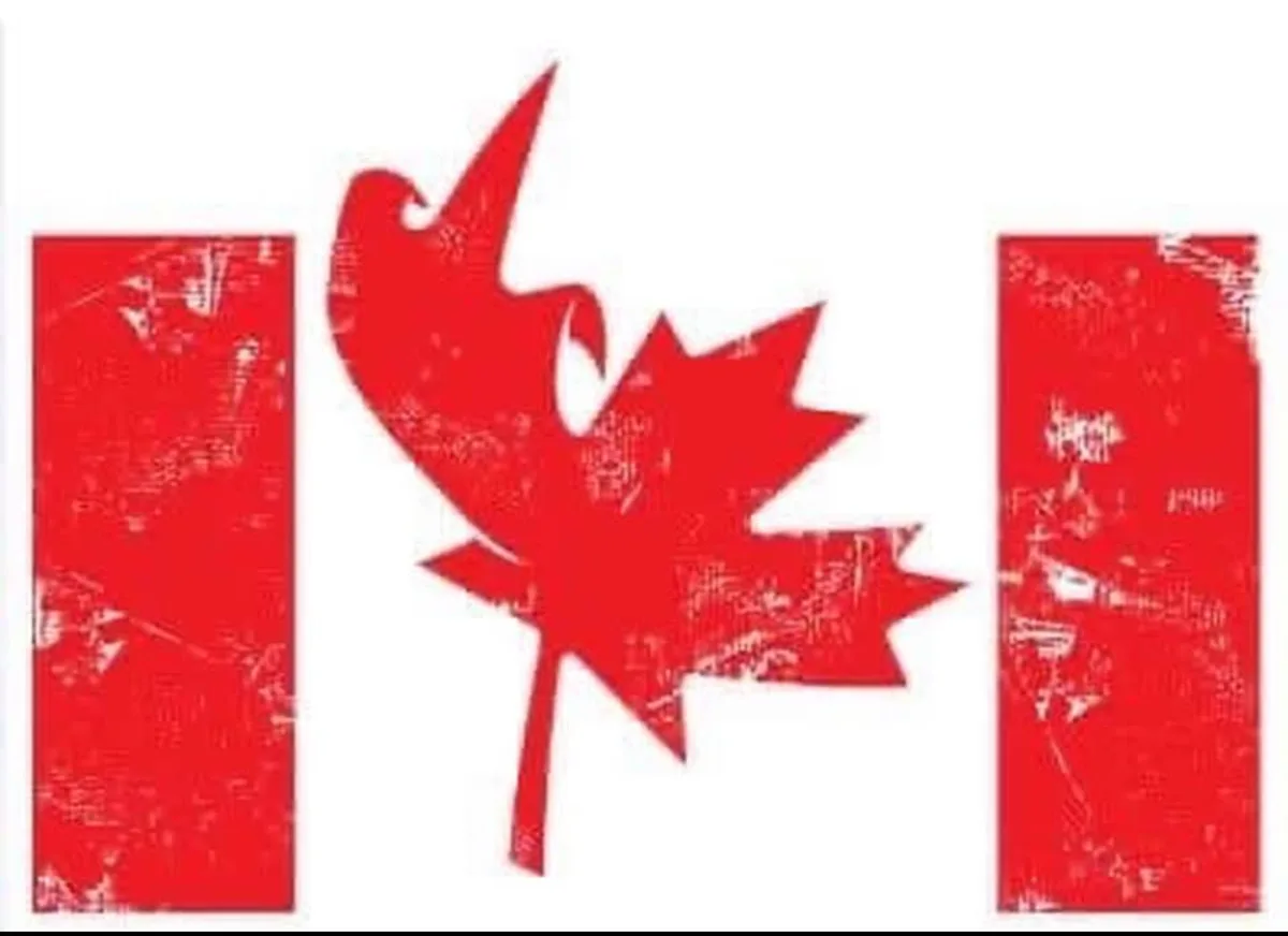 The image shows a stylized Canadian flag with a red maple leaf that has been altered to resemble a bird, specifically a…