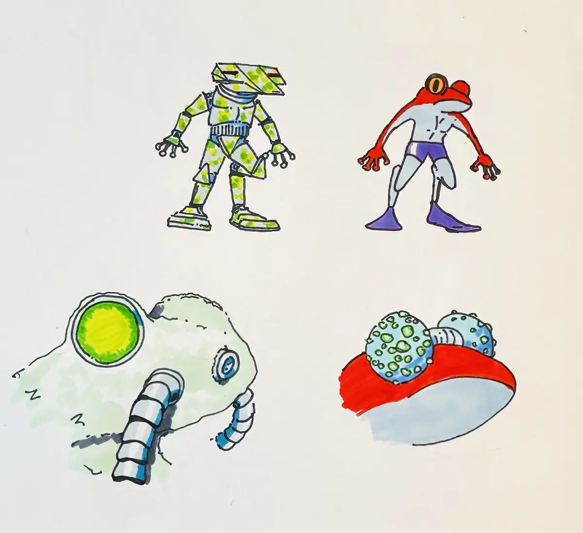 A hand-drawn image displays four distinct cartoonish creatures arranged in a grid. Top left is a humanoid robot with a green…