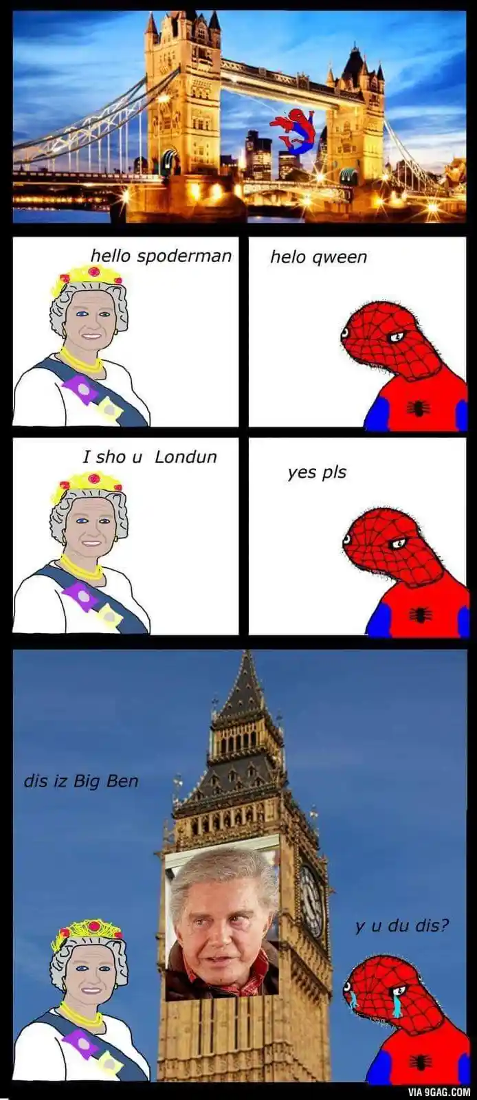 A comic strip shows Spider-Man flying over London's Tower Bridge. He meets a cartoon Queen Elizabeth II who greets him with…