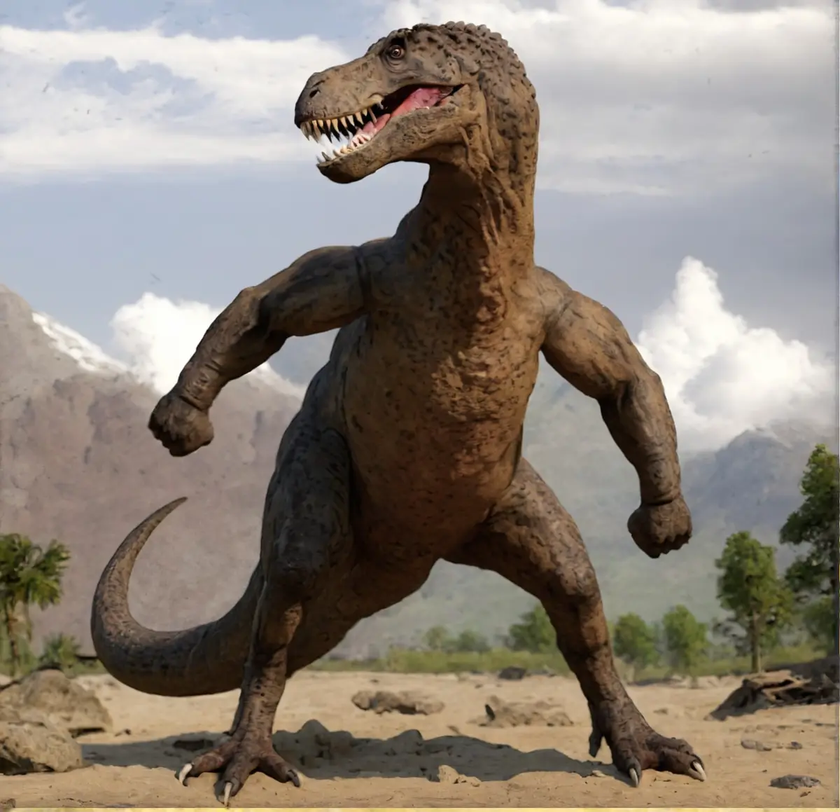 A digitally rendered, bipedal, muscular dinosaur with a wide-open mouth showing sharp teeth, standing on sandy ground with…