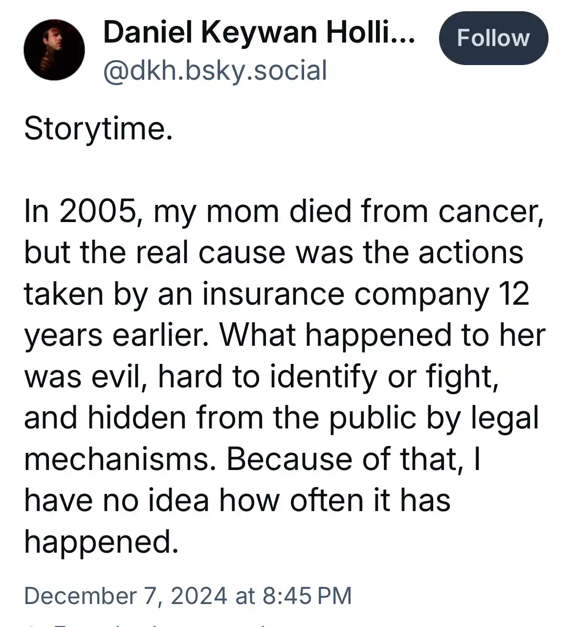 A screenshot of a social media post by Daniel Keywan Hollis, who begins a story about his mother's death from cancer in…