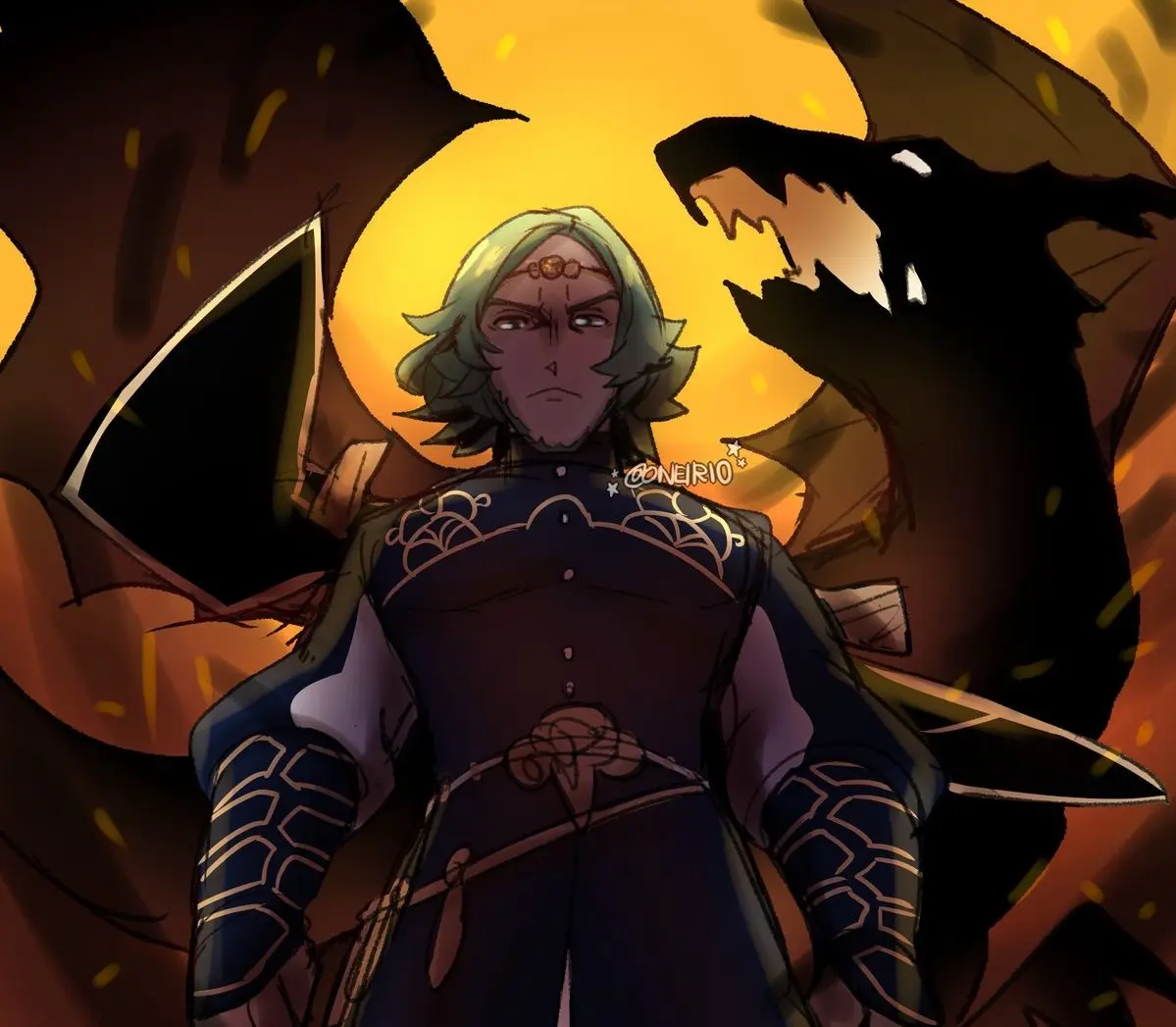 An anime-style illustration shows a person with light green hair and a stern expression, wearing ornate dark armor with gold…