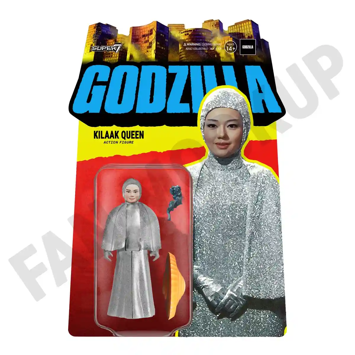 An action figure of the Kilaak Queen from Godzilla, shown in her silver, textured costume on a blister pack. The packaging…