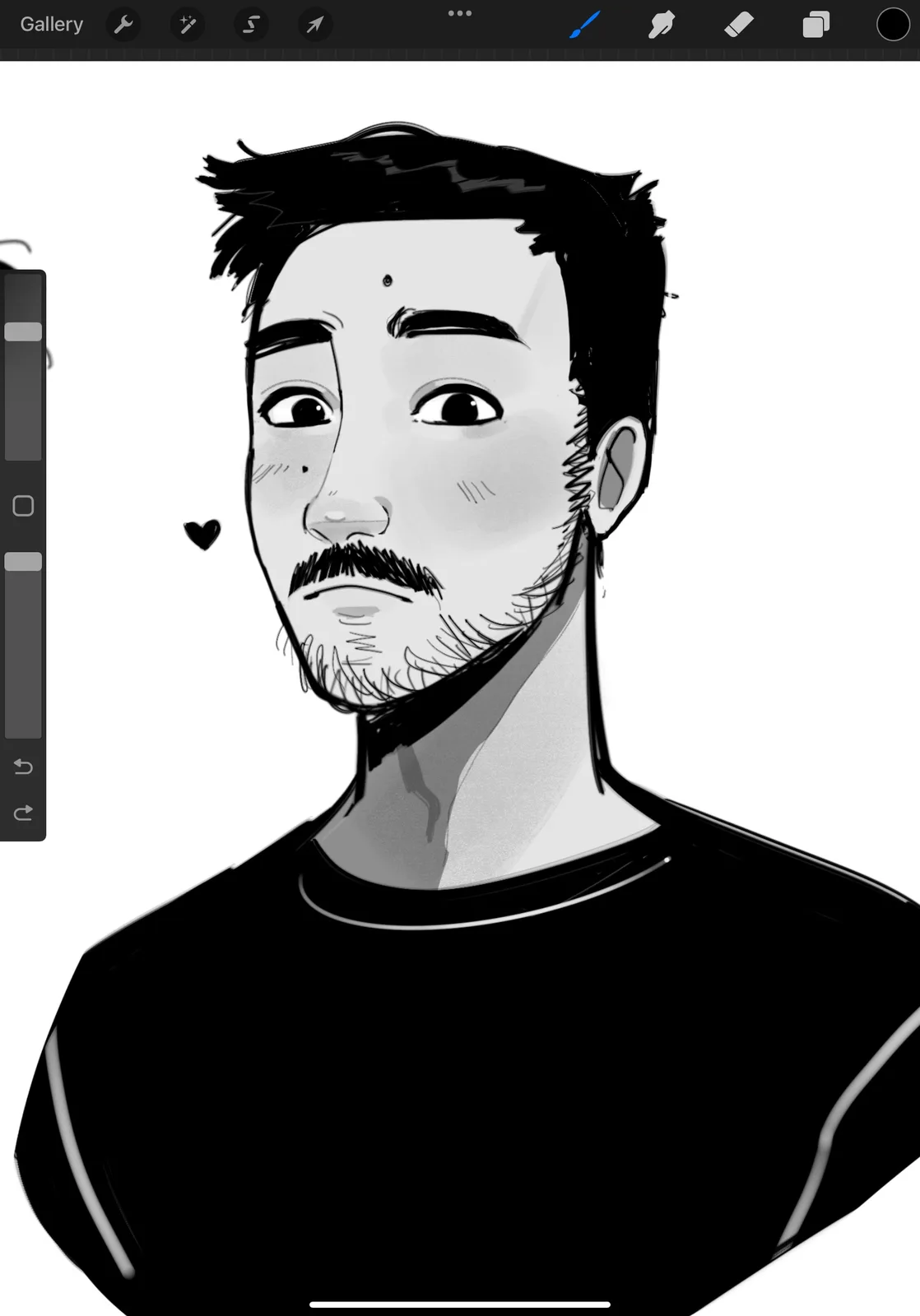 A black and white digital drawing of a man with a mustache and stubble, looking slightly upward with a neutral expression. A…