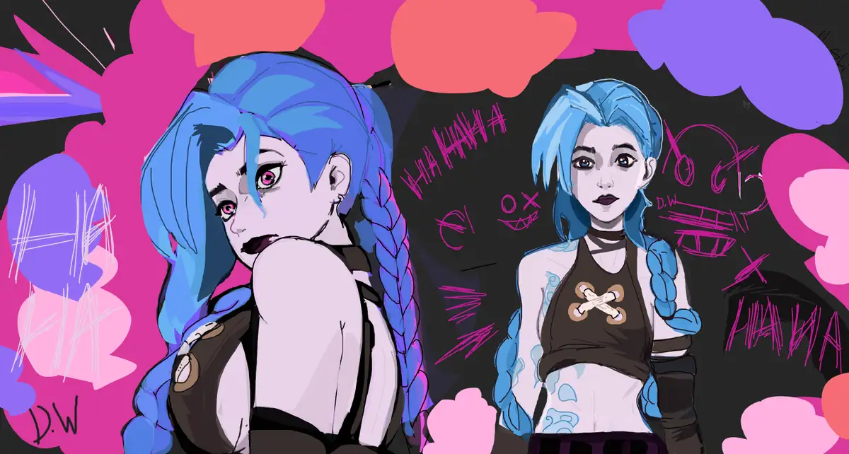 An illustration shows two anime-style characters with blue hair and tattoos, both wearing dark clothing. The background is…