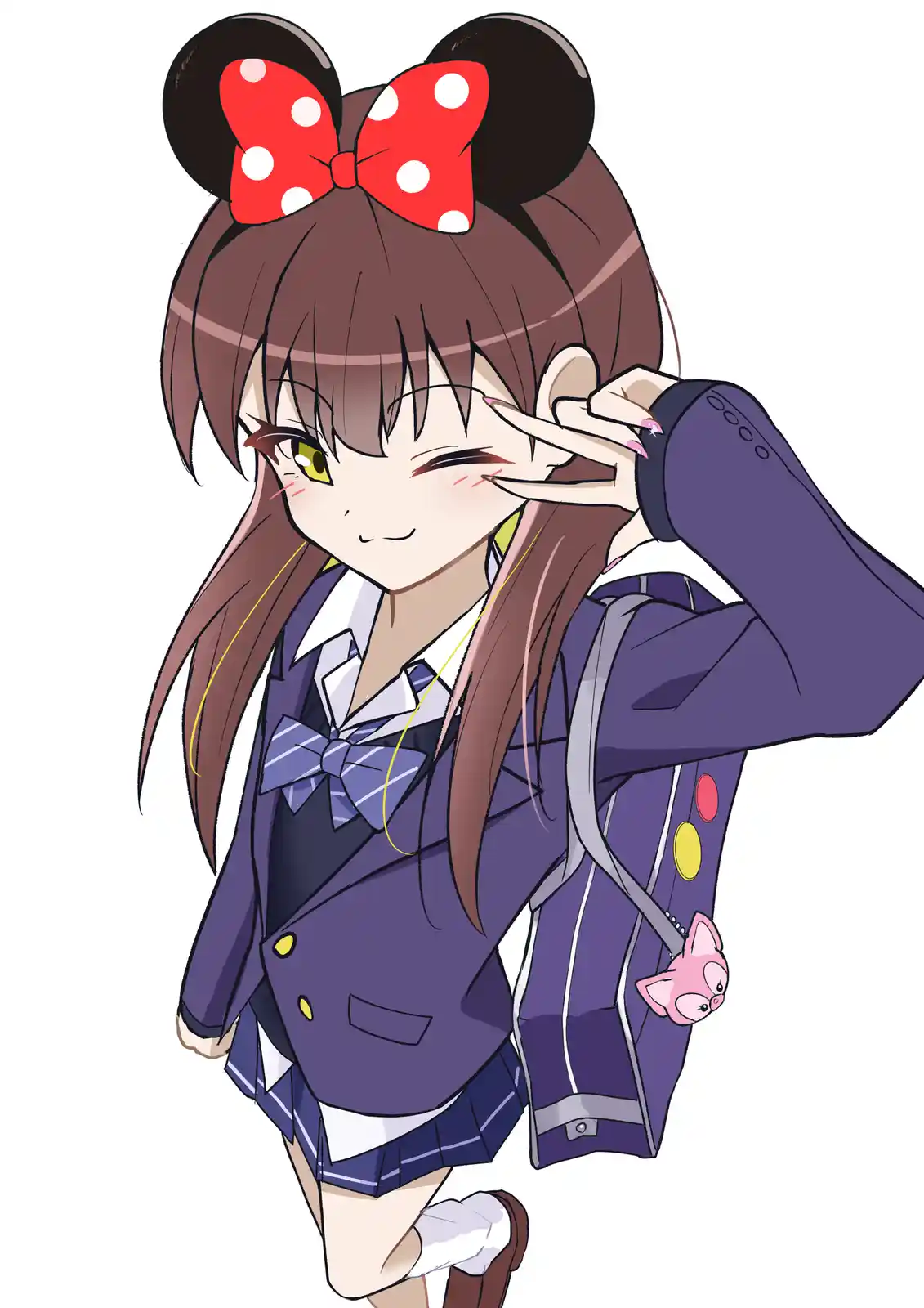 An anime-style girl with brown hair styled in twin buns topped with a large red polka-dot bow, wearing a purple school…