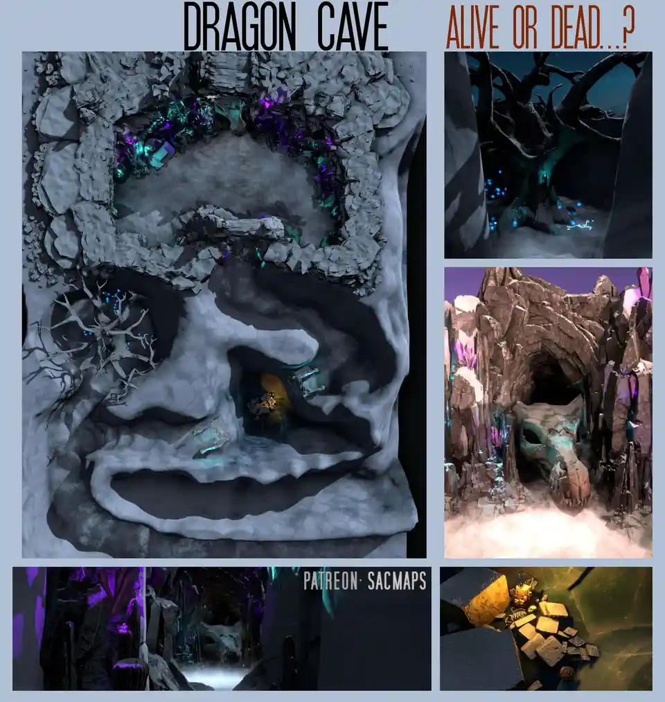 A collage of fantasy cave scenes featuring glowing crystals, a dragon skull entrance, and a skeletal remains area, with the…