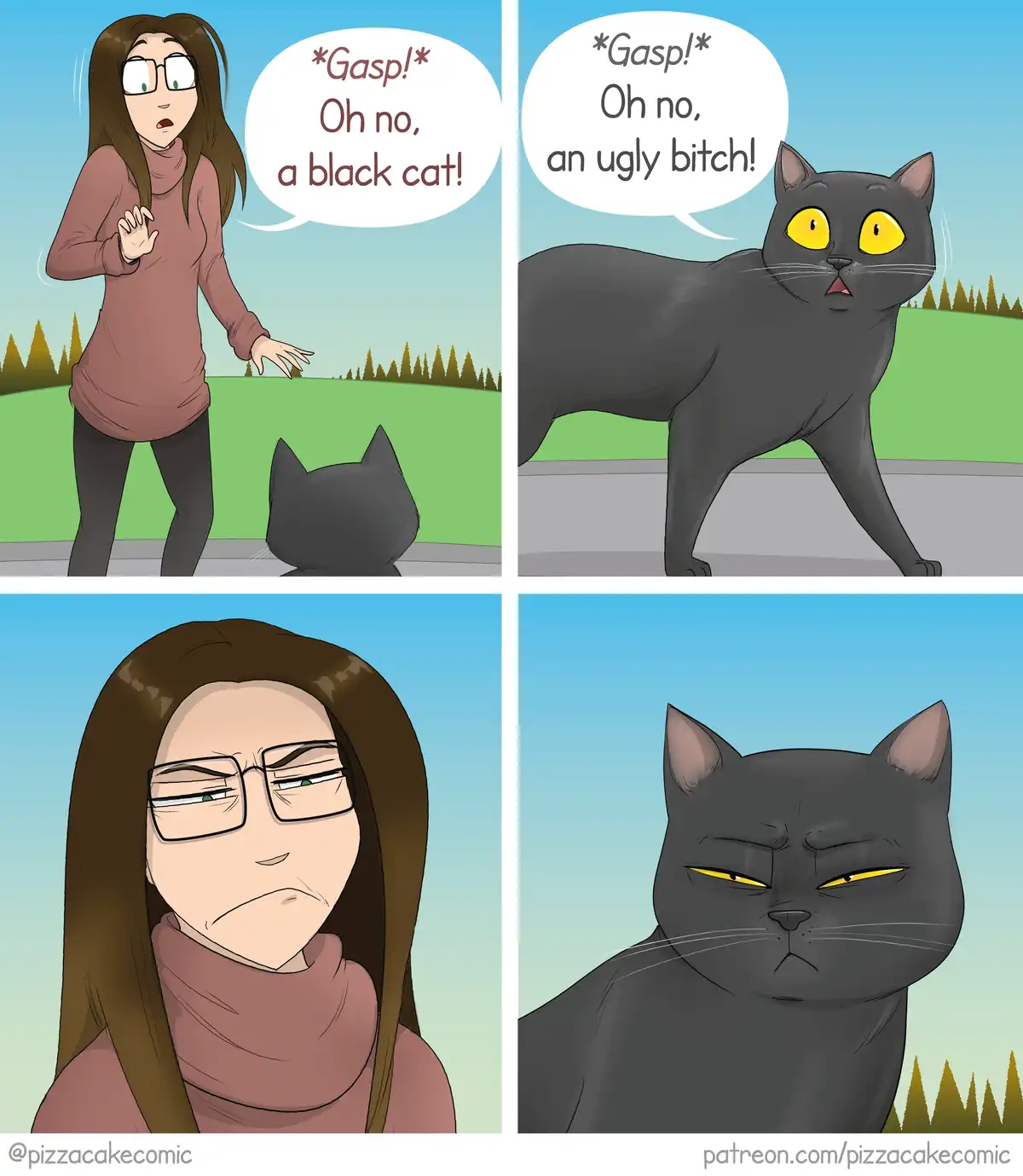 A four-panel comic shows a woman reacting with horror to a black cat, then the cat reacting with equal horror to her. Both…