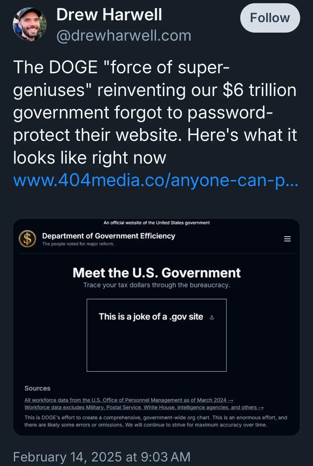 A screenshot of a tweet by Drew Harwell showing a mock government website titled 'Department of Government Efficiency' with…