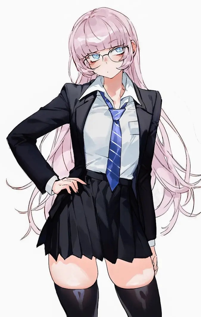 An anime-style girl with pink hair and glasses wears a school uniform consisting of a black blazer, white shirt, blue…