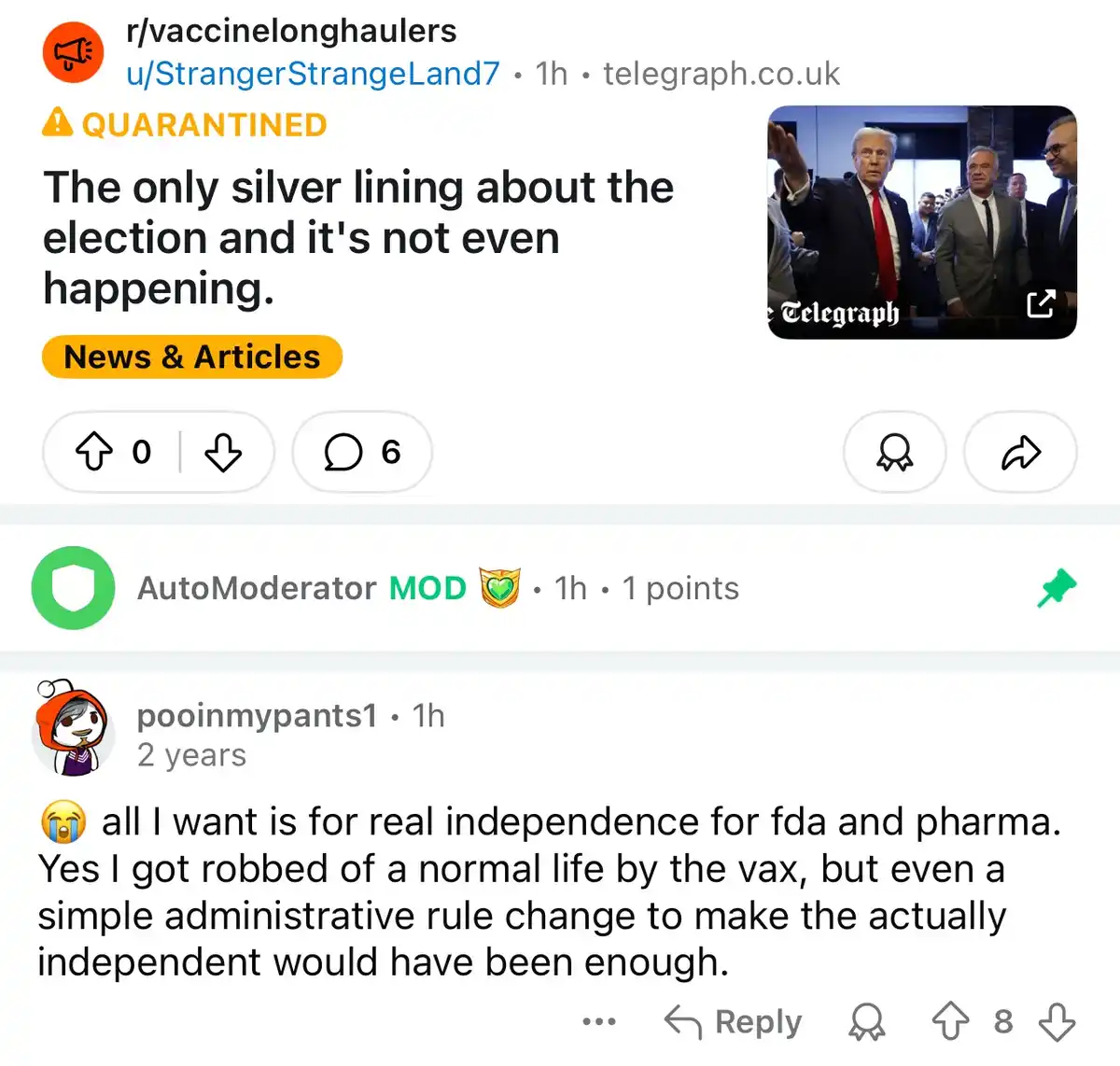 A screenshot of a Reddit post from r/vaccine long haulers shows a user's comment about the election being a 'silver lining'…