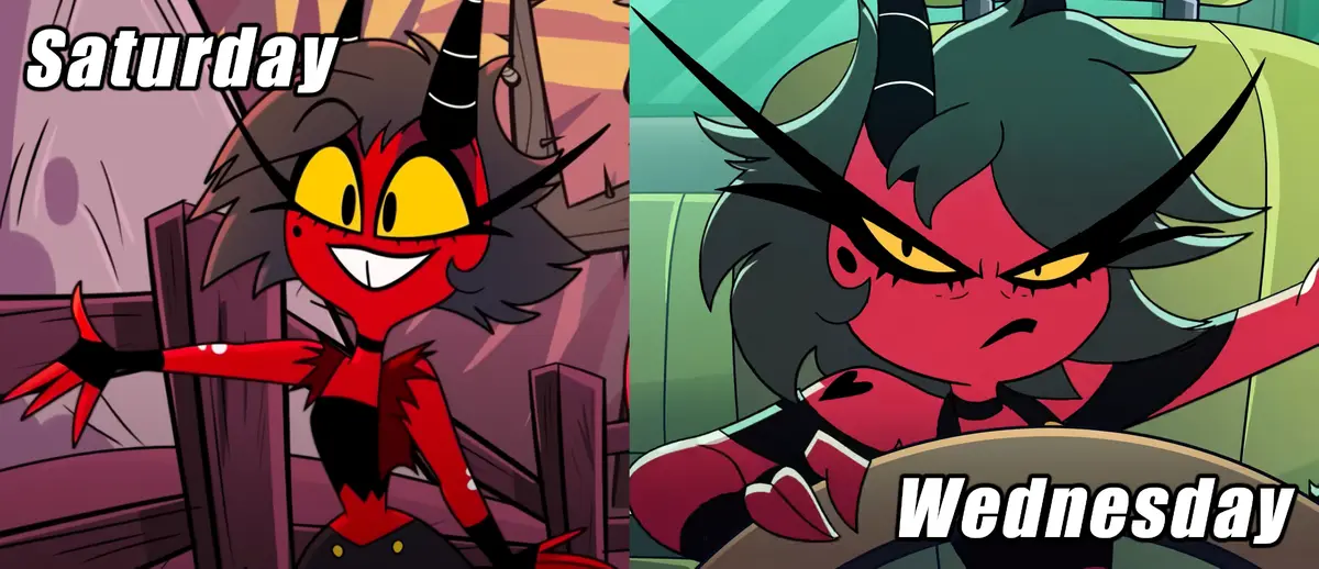 The image is split into two panels showing the animated character Millie from 'Helluva Boss'. On the left, labeled…