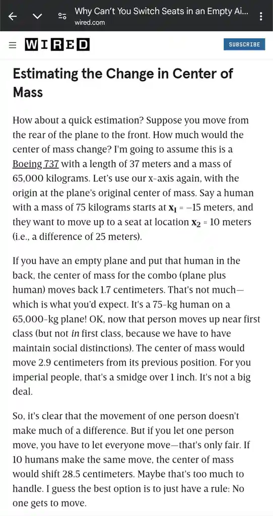 A screenshot of a Wired article titled 'Estimating the Change in Center of Mass' explains how moving a person in an empty…