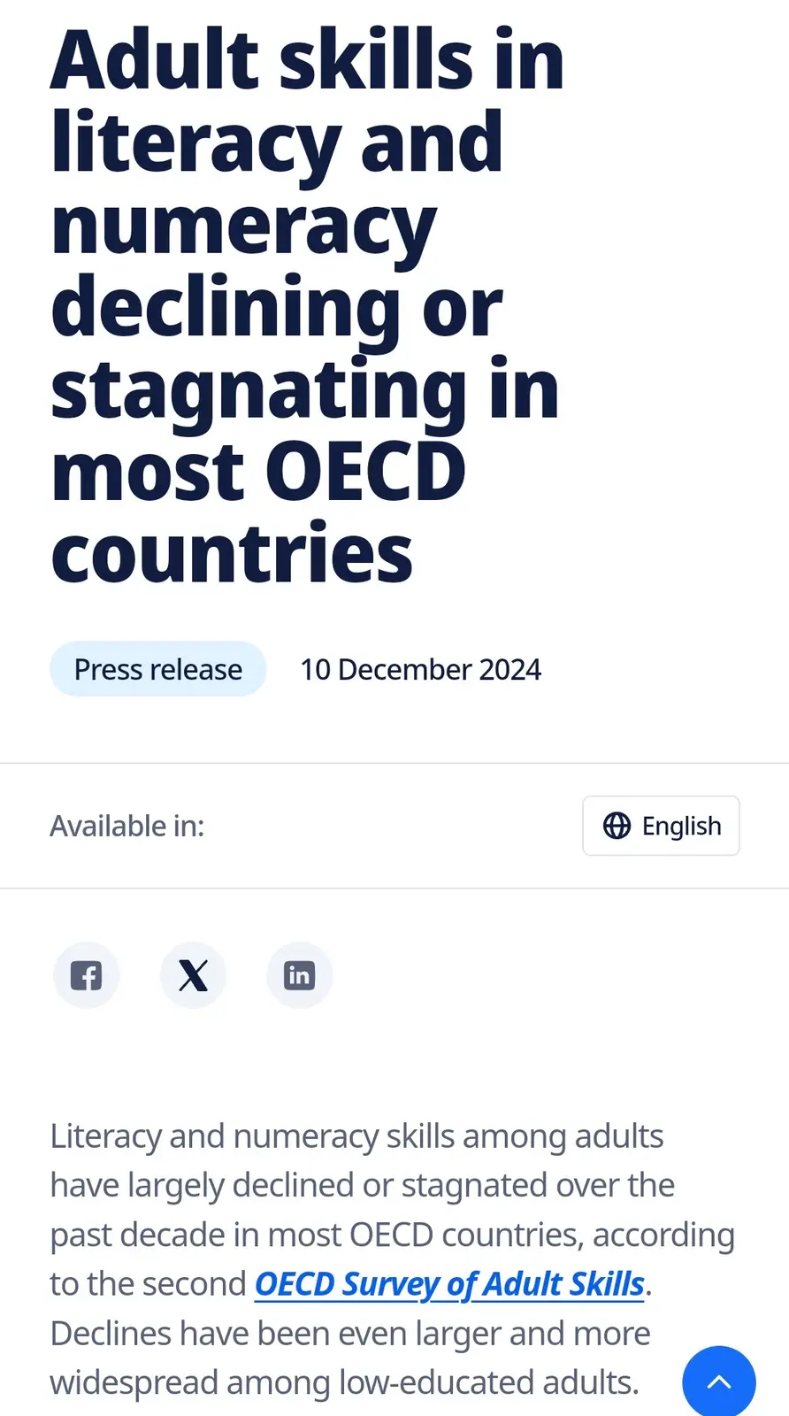 A screenshot of an OECD press release dated December 10, 2024, with a headline stating 'Adult skills in literacy and…