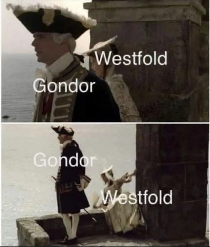 Two-panel image shows a man in historical military attire labeled 'Gondor' and a woman in period dress labeled 'Westfold'…