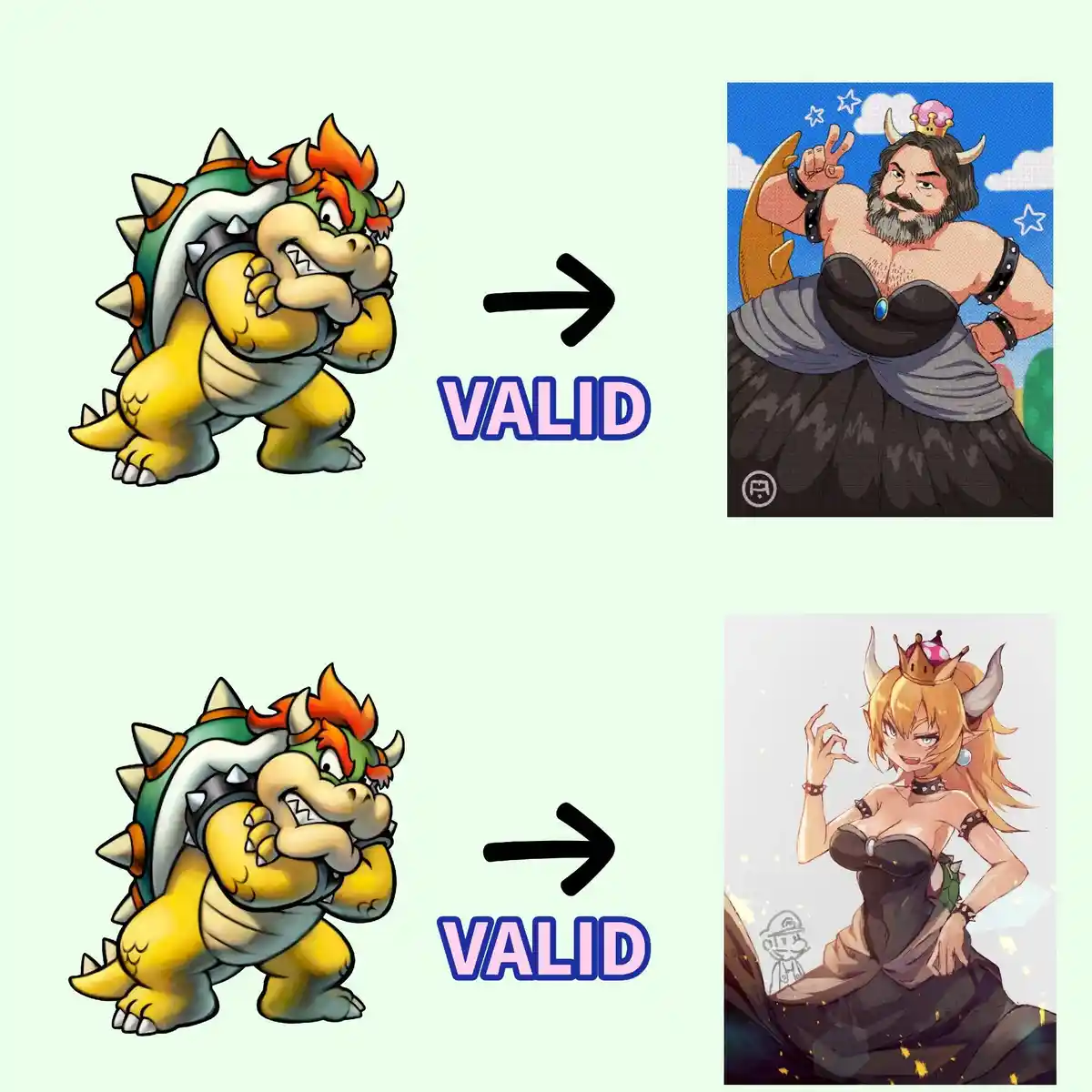 The image displays two identical cartoon depictions of Bowser, the video game villain, on the left, each pointing with a…