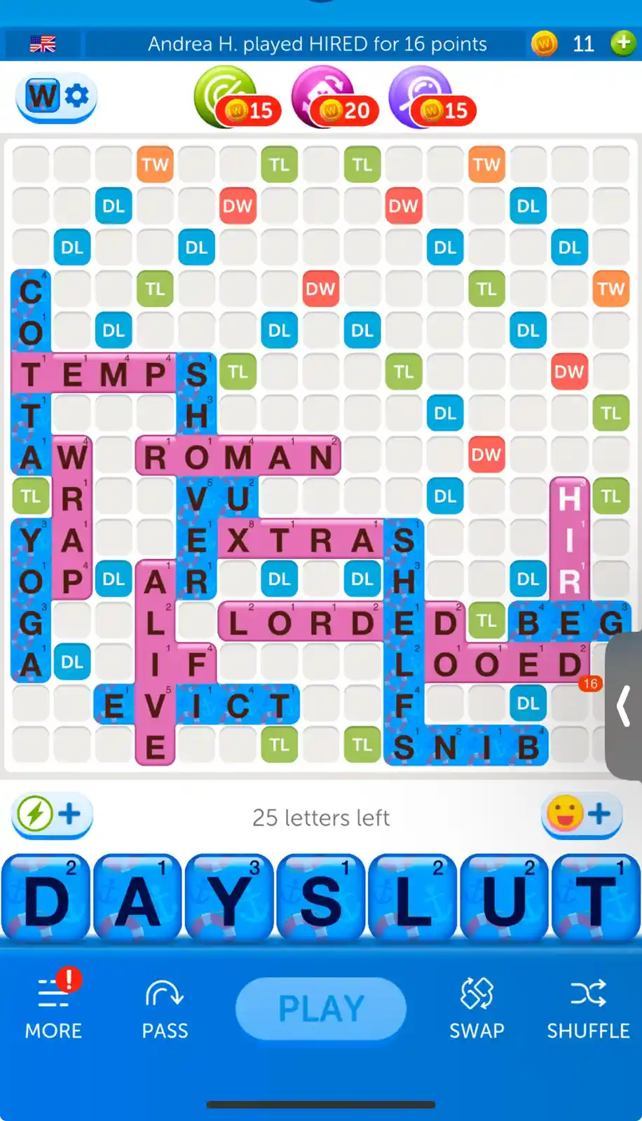 A screenshot of a Scrabble-like word game showing a player's rack with the letters D, A, Y, S, L, U, T. The board is filled…