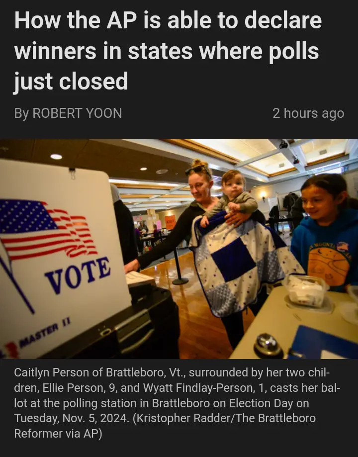 A news article screenshot shows a woman casting a ballot at a polling station with two children nearby; the headline reads…