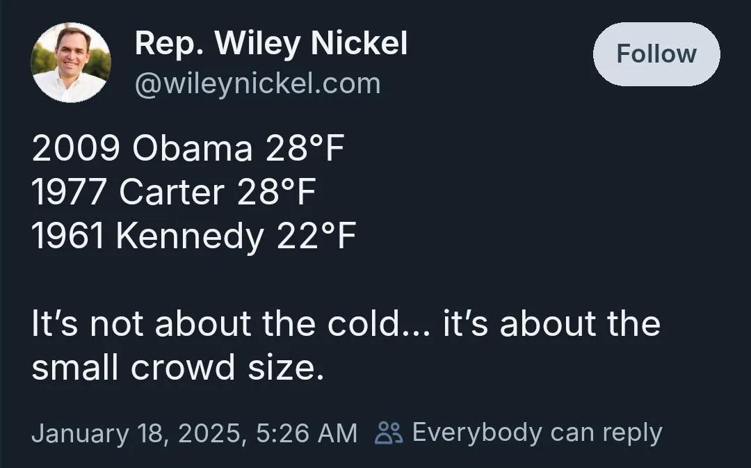 A screenshot of a tweet from Rep. Wiley Nickel's account showing a list of past presidential inaugurations with their…