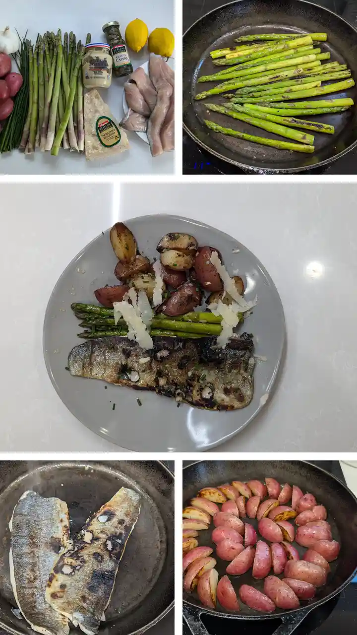 A collage of five photos showing the process of cooking a fancy dinner: ingredients (asparagus, fish, potatoes, cheese…