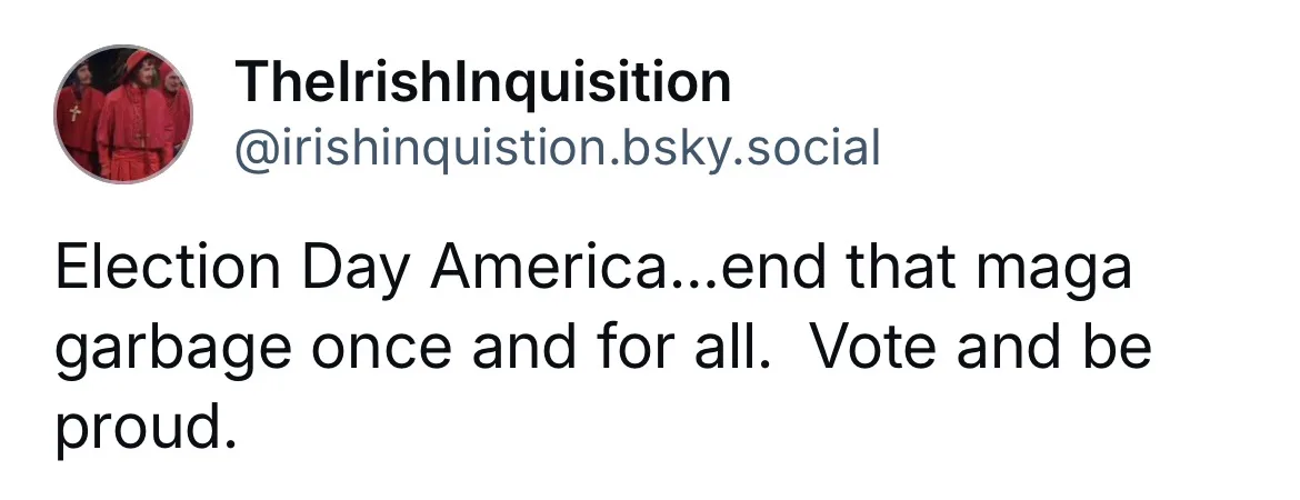 A screenshot of a social media post from 'TheIrishInquisition' with a profile picture showing three men in red robes. The…