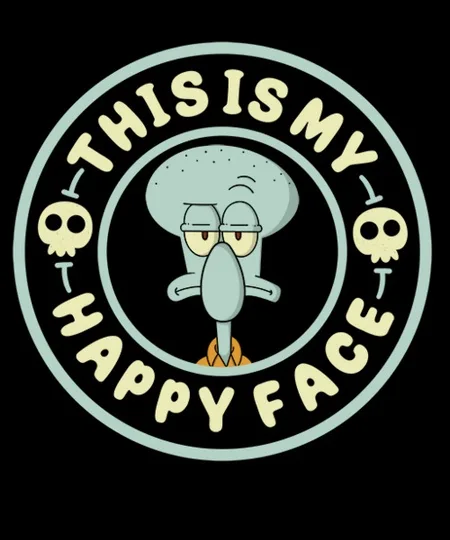 A circular graphic features the cartoon character Squidward Tentacles with a bored, unenthusiastic expression, surrounded by…