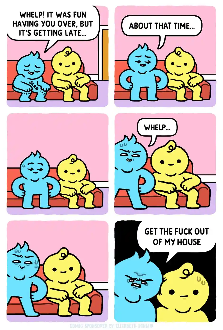 A six-panel comic strip featuring two cartoon characters, a blue one and a yellow one, sitting on a red couch. The blue…