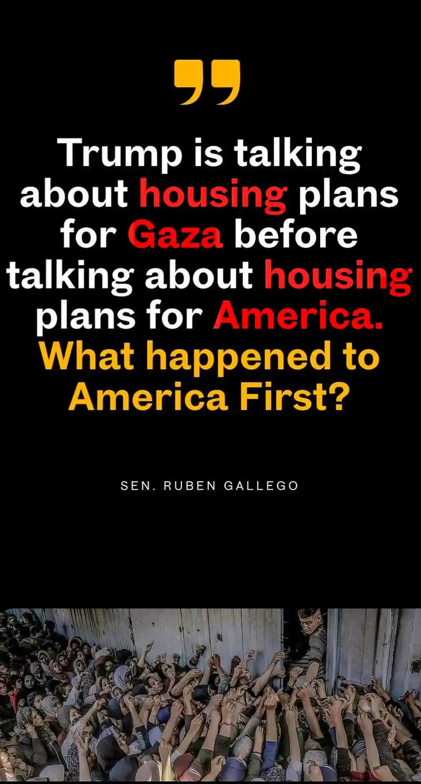 The image features a black background with large white and red text quoting Sen. Ruben Gallego, who questions why Trump is…