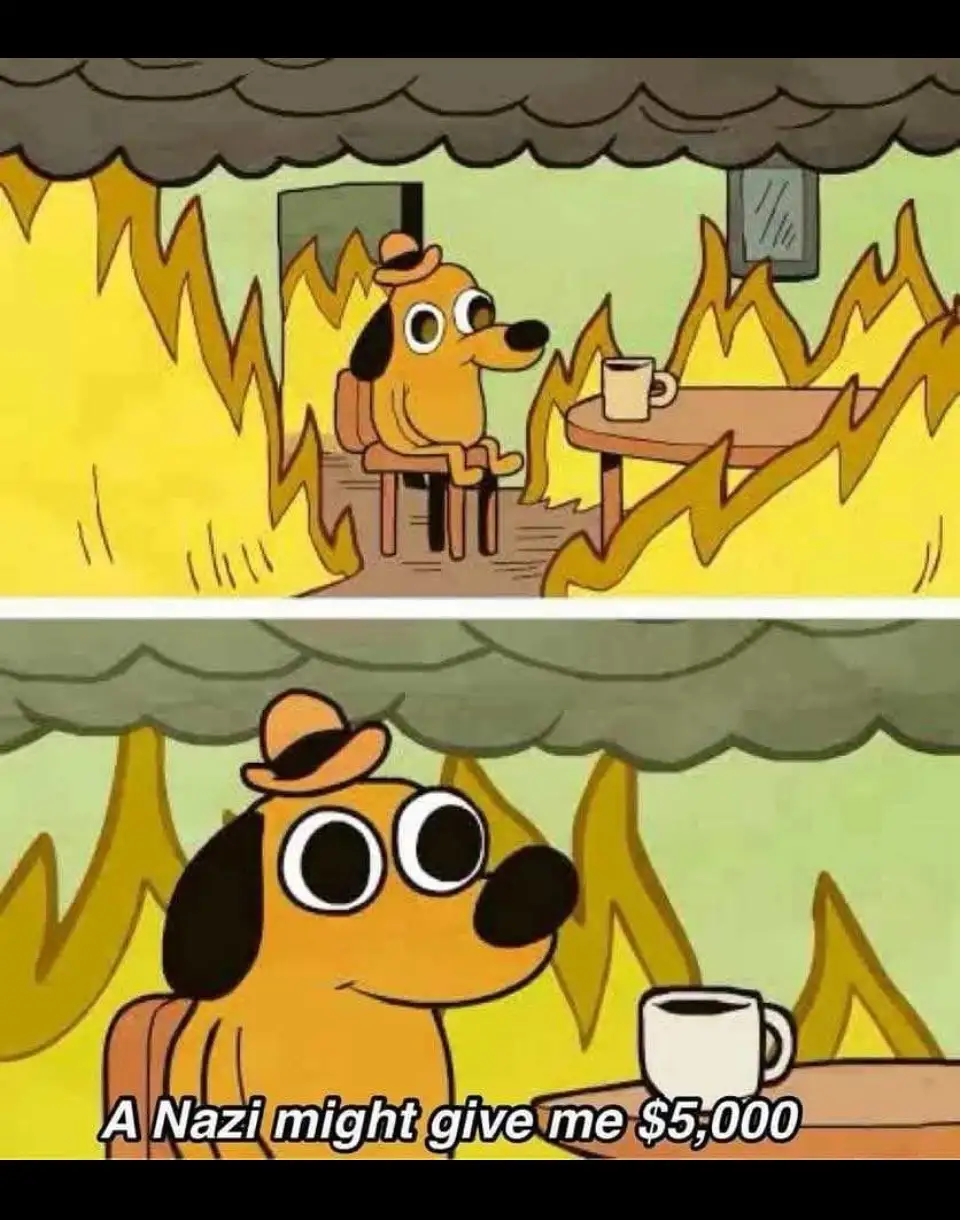The image shows two panels of a cartoon dog wearing a hat, sitting calmly at a table with a mug in a room surrounded by…