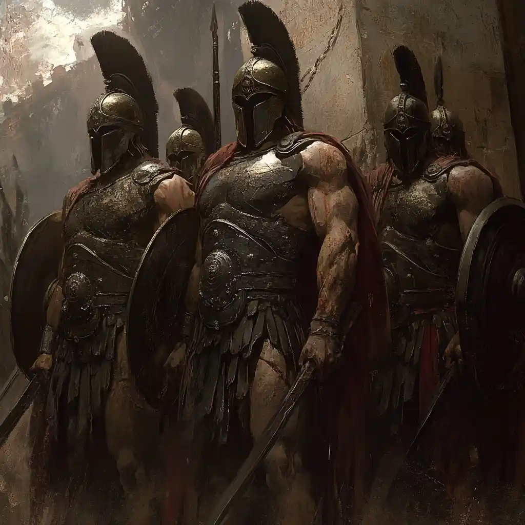 A group of heavily armored, muscular ancient Greek hoplites in bronze helmets and red cloaks stand in a tight formation…