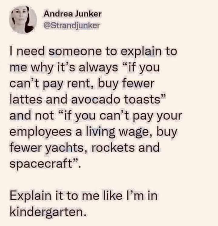 A screenshot of a tweet by Andrea Junker (@Strandjunker) with black text on a beige background. The tweet criticizes the…