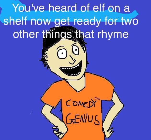 A cartoon drawing of a person with a wide, toothy grin, wearing an orange t-shirt that reads 'COMEDY GENIUS' with a 'TM'…