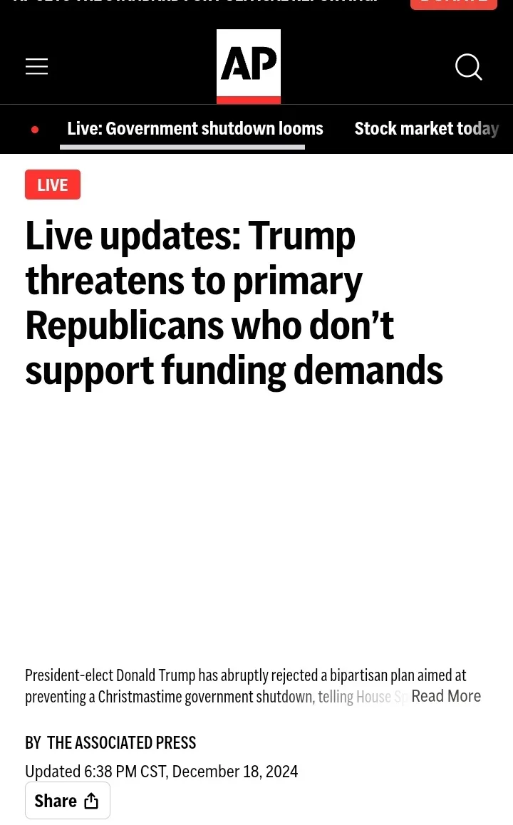 A screenshot of an Associated Press news article with a red 'LIVE' banner and headline reading 'Live updates: Trump…