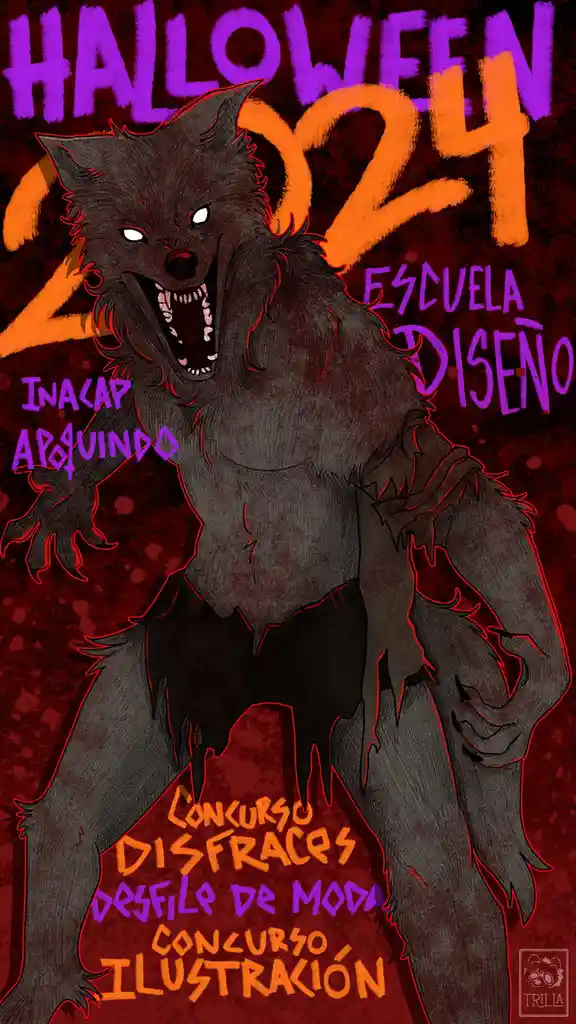 A dark, menacing werewolf illustration dominates a Halloween 2024 poster for Escuela Diseño INACAP, advertising costume…
