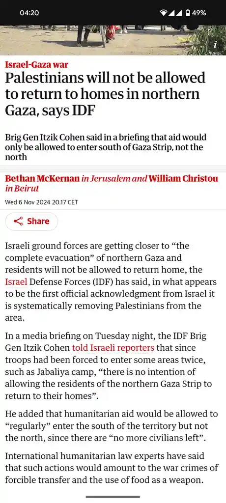 A screenshot of a news article about the Israel-Gaza war, with the headline 'Palestinians will not be allowed to return to…