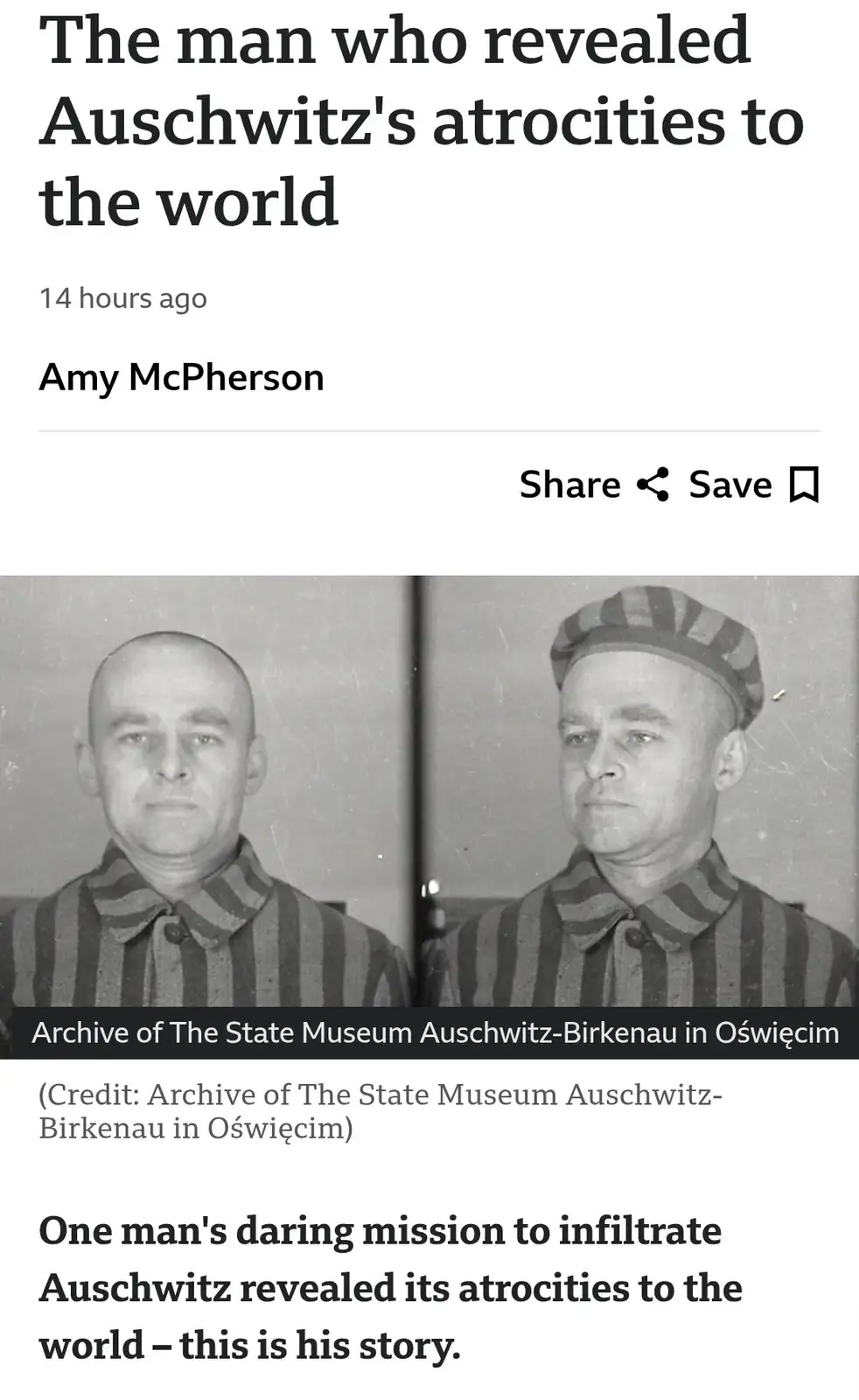 A black-and-white photo shows two mugshots of a bald man in striped prisoner clothing, one with and one without a striped…