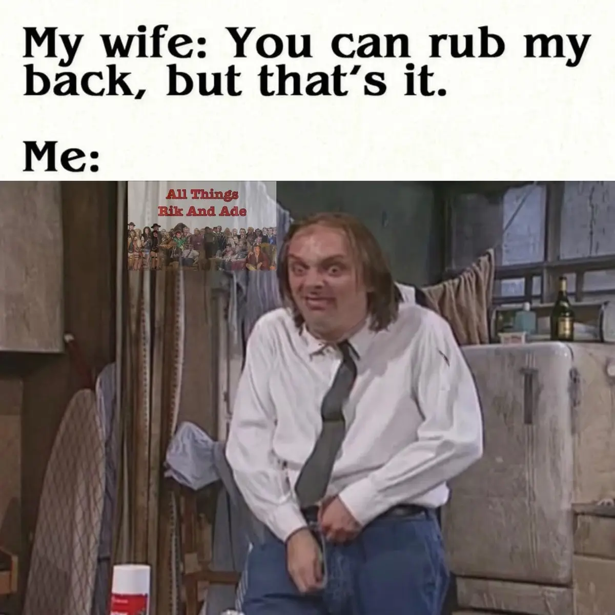 A man with long hair, wearing a white shirt and tie, sits in a cluttered room with a shocked, wide-eyed expression. The text…