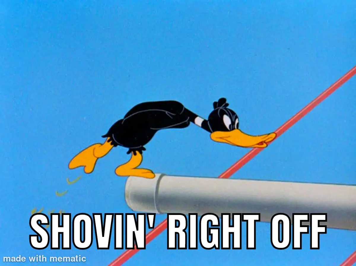 A cartoon duck, Daffy Duck, is shown leaning precariously over the edge of a large white pipe against a solid blue…