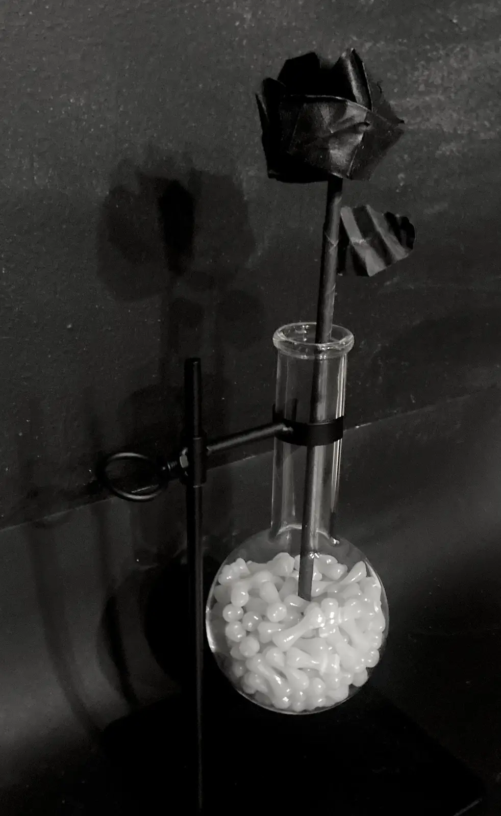 A black-and-white photo shows a dark, artificial rose with a stem and leaf, placed in a glass flask filled with small white…
