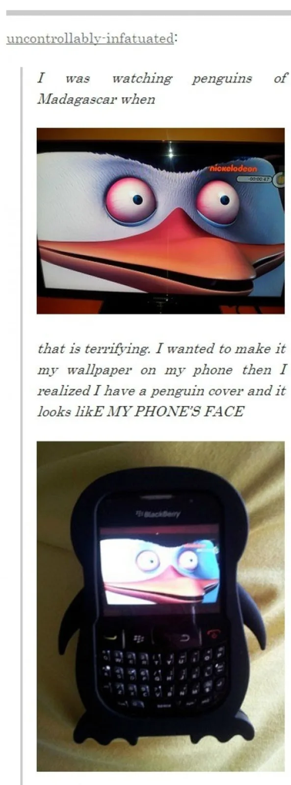 The image shows two panels: the top panel displays a close-up of a penguin character from 'Penguins of Madagascar' on a TV…