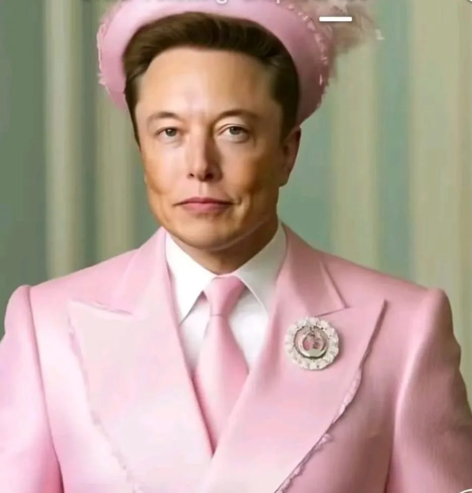 elon musk is dressed in a full pink suit with matching pink hat and tie, wearing a decorative brooch, with a neutral…