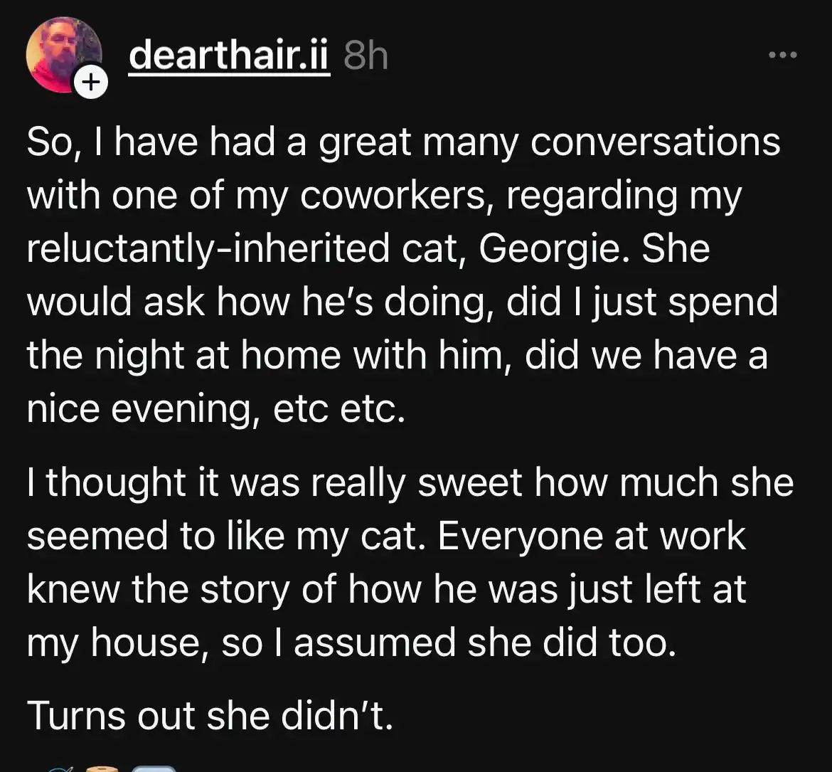 A screenshot of an Instagram post by user 'dearthair.ii' detailing a humorous misunderstanding. The post explains how the…