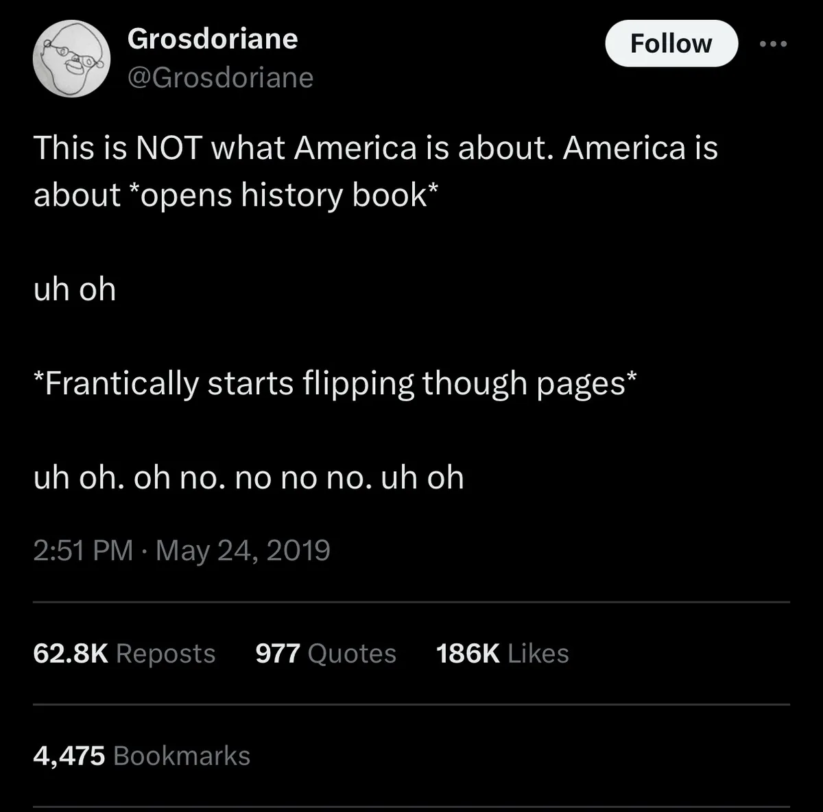 A screenshot of a tweet by user @Grosdoriane shows a text-based meme. The tweet reads: 'This is NOT what America is about…