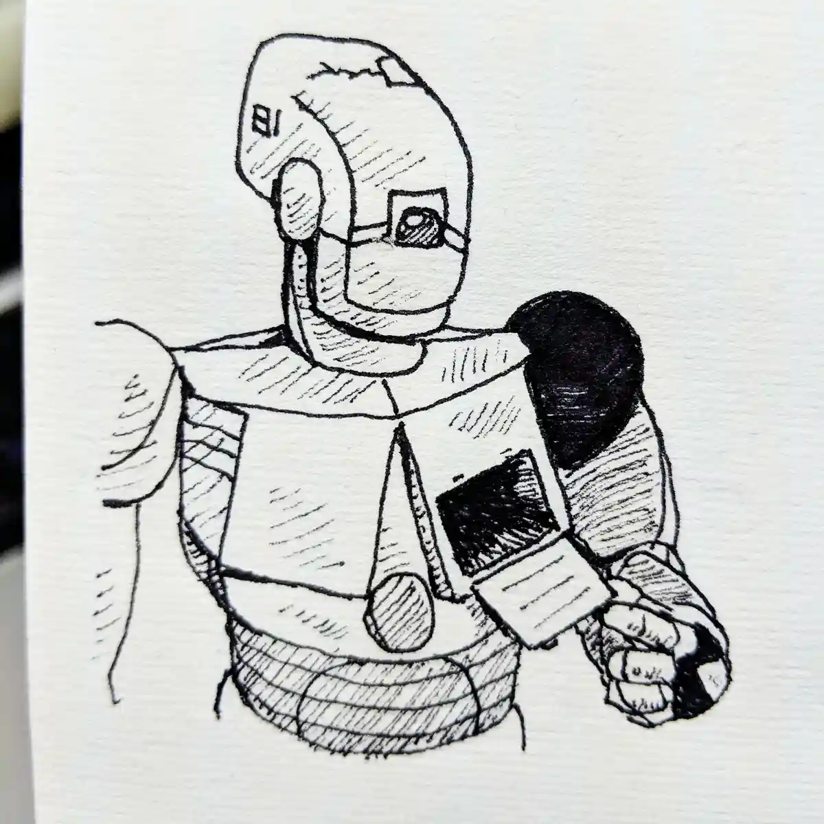 A black-and-white ink drawing of a stylized robot with a cracked helmet, glasses, and a mask, holding a small rectangular…