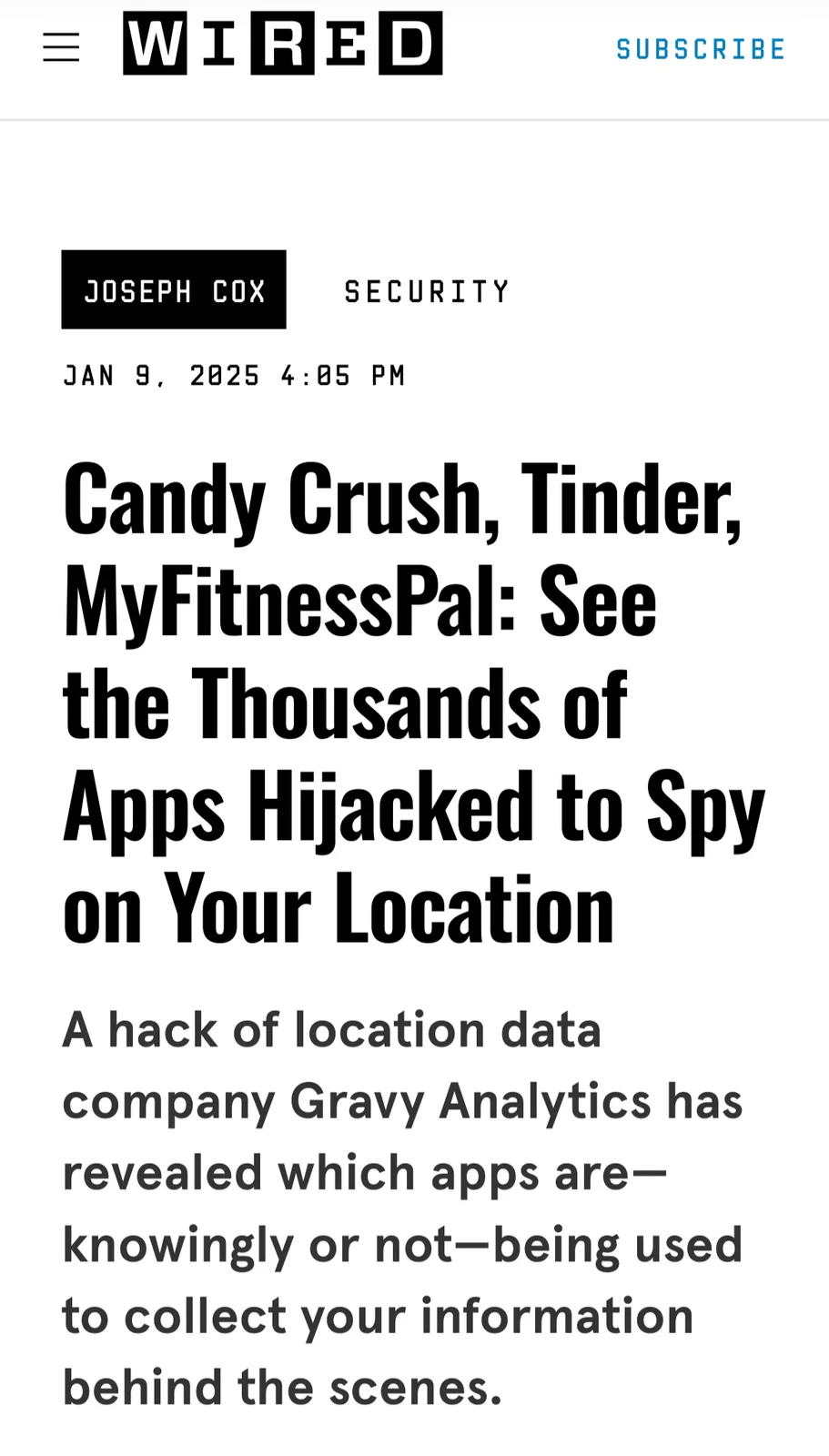 The image displays a screenshot of a Wired article by Joseph Cox dated Jan 9, 2025, with the headline 'Candy Crush, Tinder…