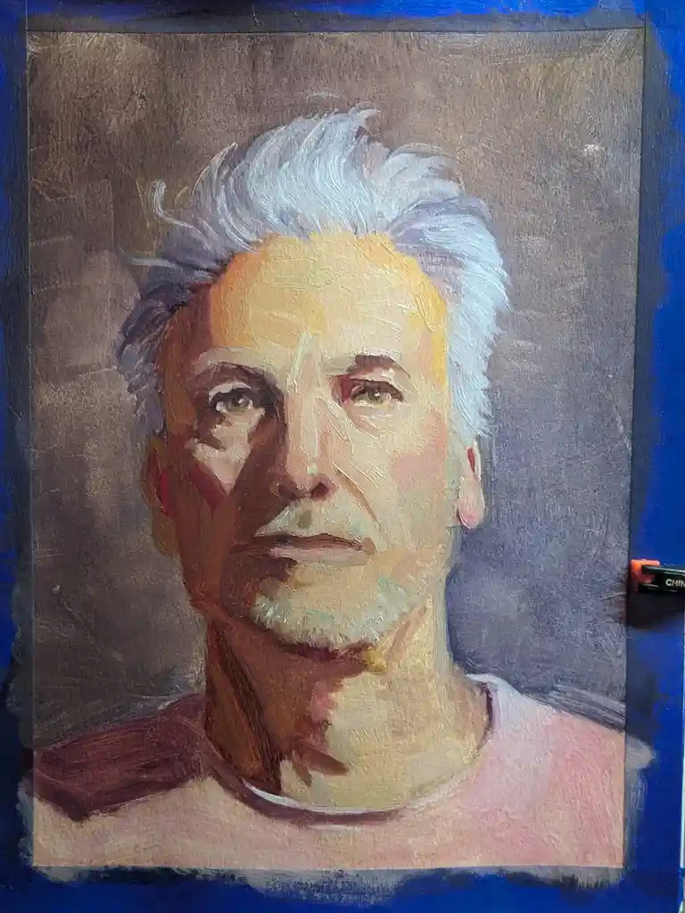 An oil painting of an older man with white hair and a serious expression, showing visible brushstrokes and a brown…
