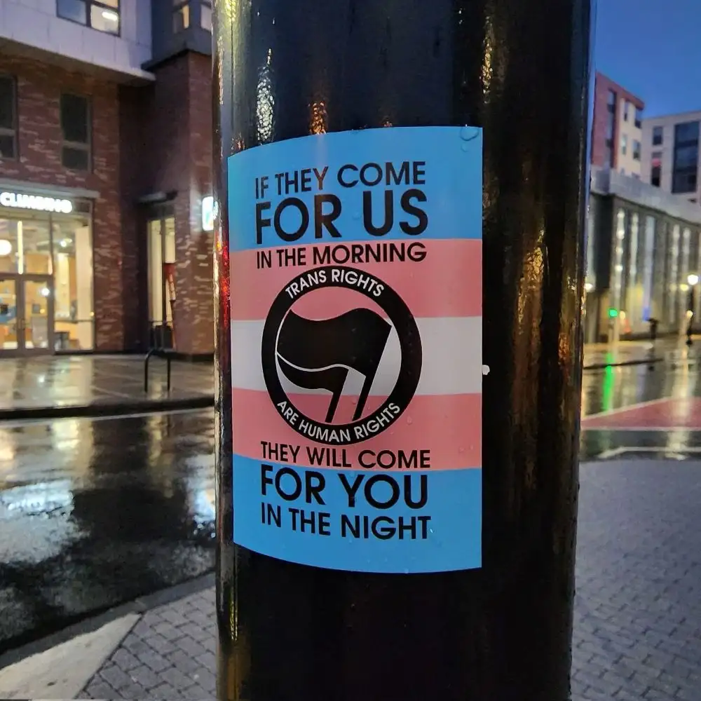 A sticker on a wet pole in an urban setting features the trans flag colors and text warning that if trans rights are…