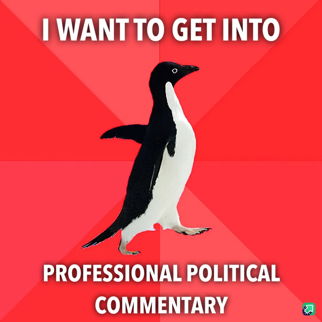 A black-and-white penguin walks confidently against a red background with diagonal stripes. The text overlaid in bold white…