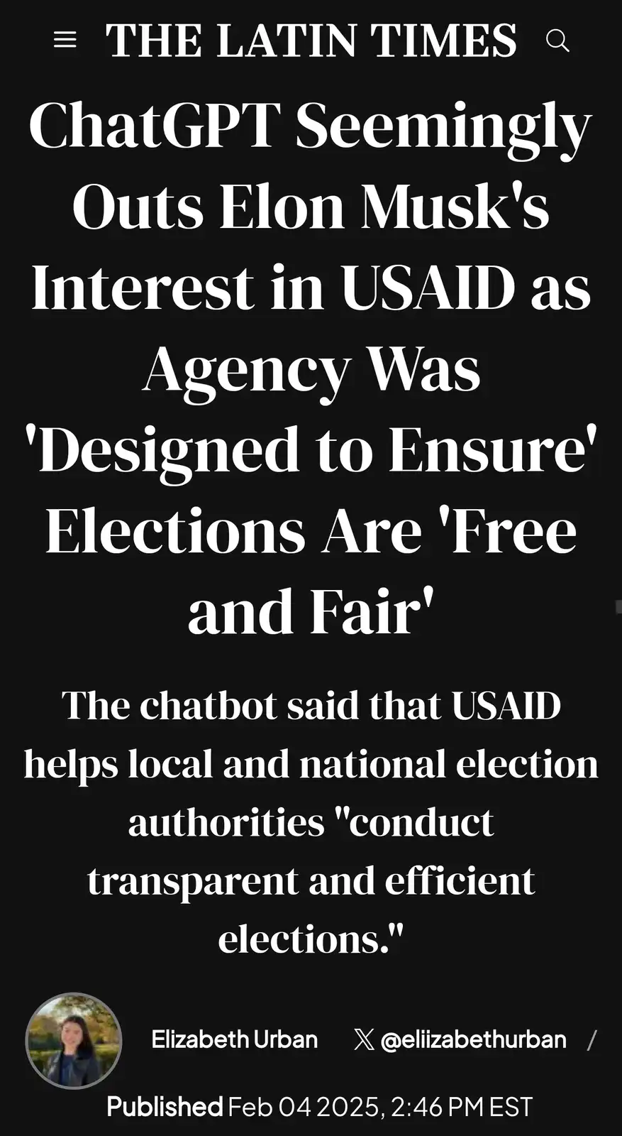 A black-background image mimicking a news article from 'THE LATIN TIMES' with large white text. The headline reads 'ChatGPT…